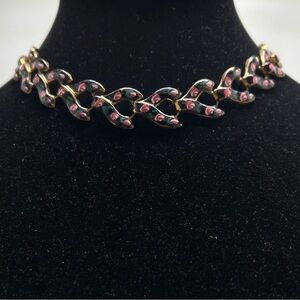 Vintage French Hand Painted Short Gold Link Necklace, Black, Pink, Choker, 50’s